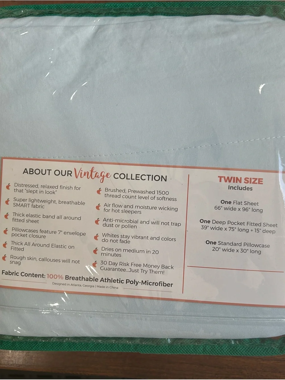 Vintage Collection Pale Green Twin Sheet Set